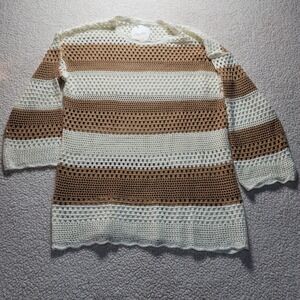 Prinbara Crochet Knit Striped Sweater Top Tan White Boho Bell Sleeve XL NEW